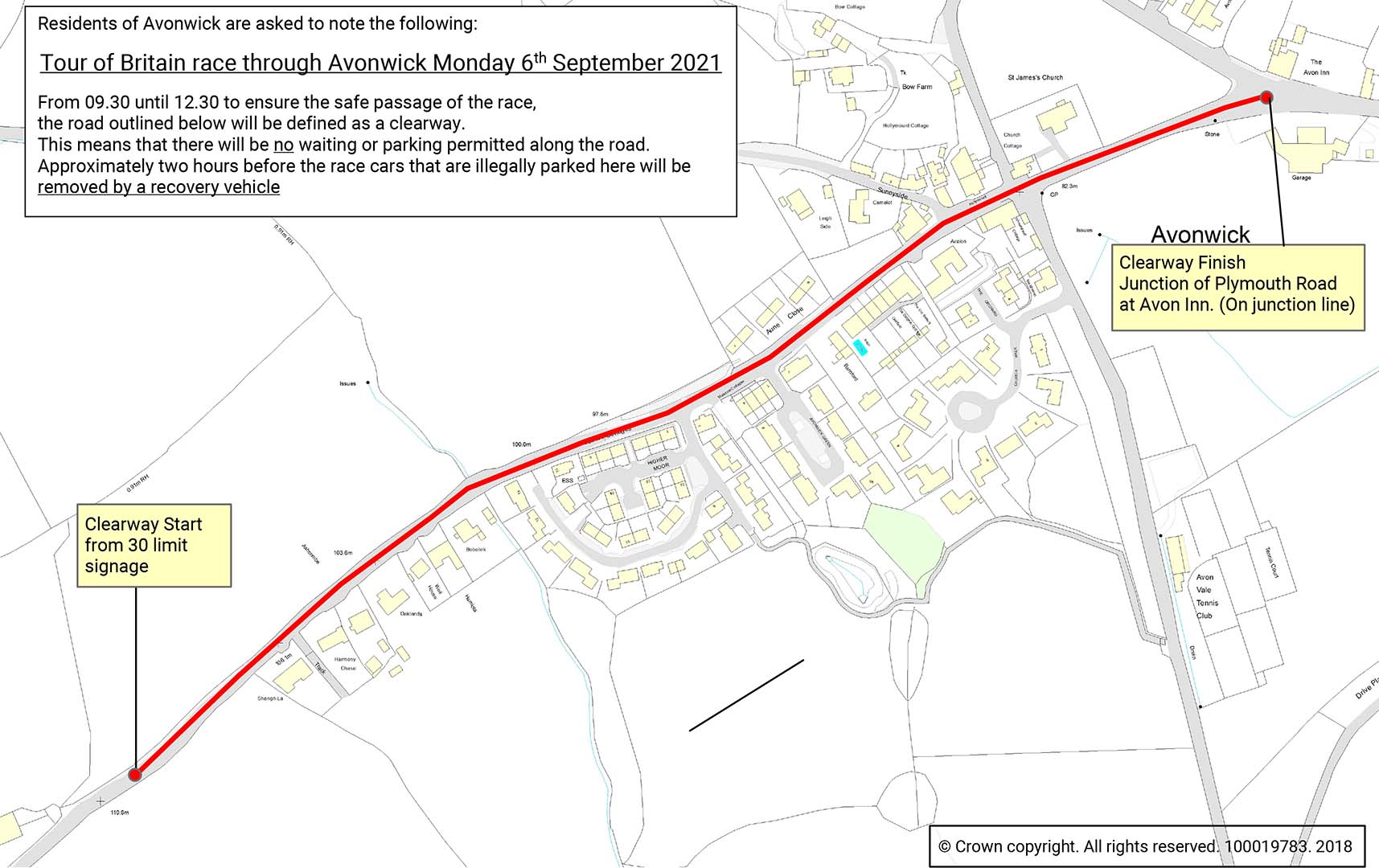 Map showing Clearway in Avonwick on 6th September.